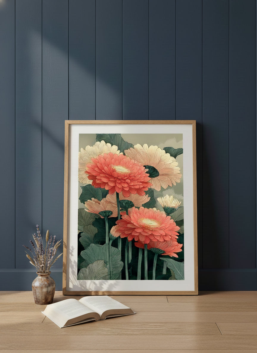 Botanical Gerbera Daisy Art art print shown in a navy paneled oak setting
