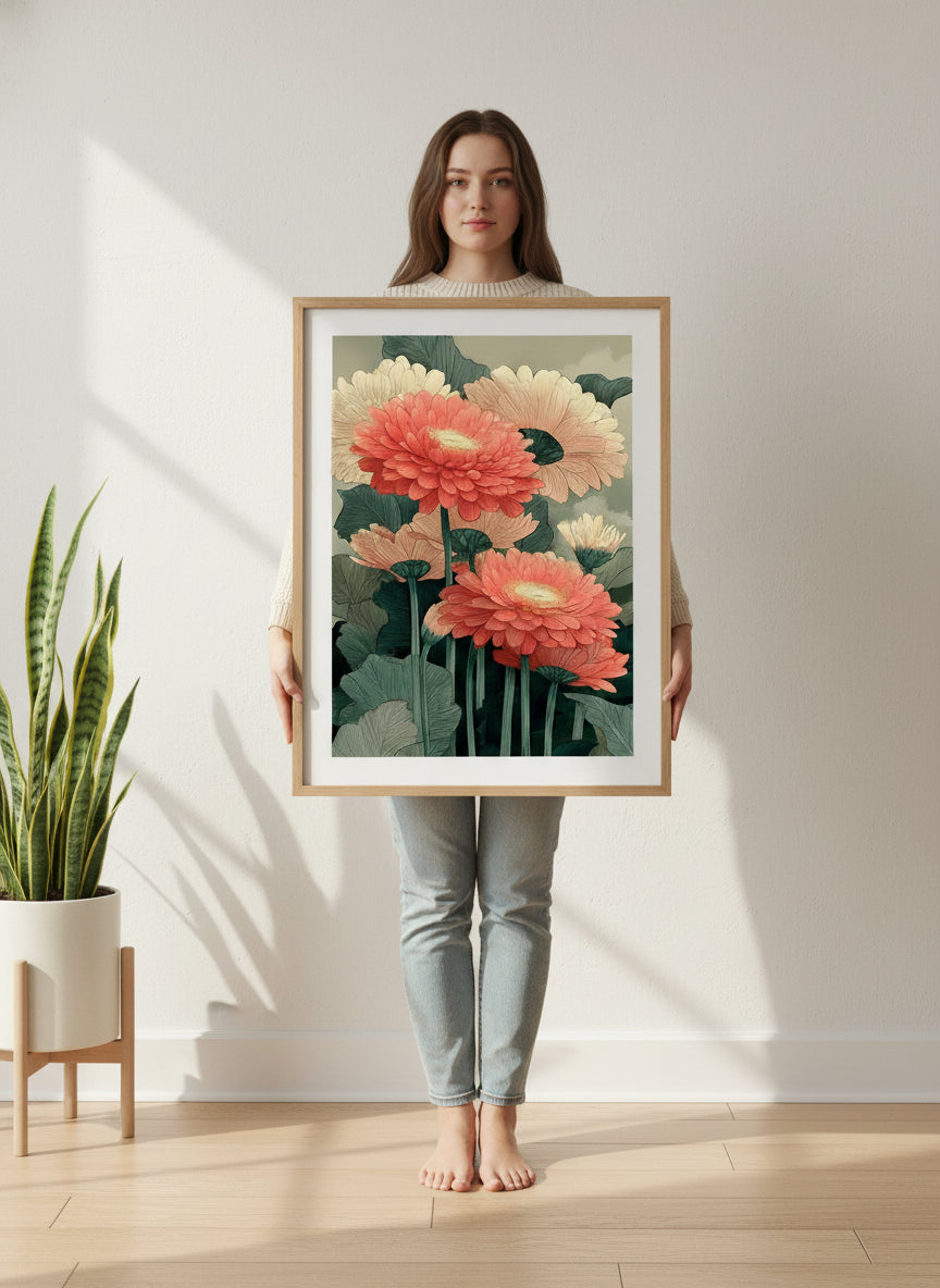 Botanical Gerbera Daisy Art art print shown in a person holding bright setting