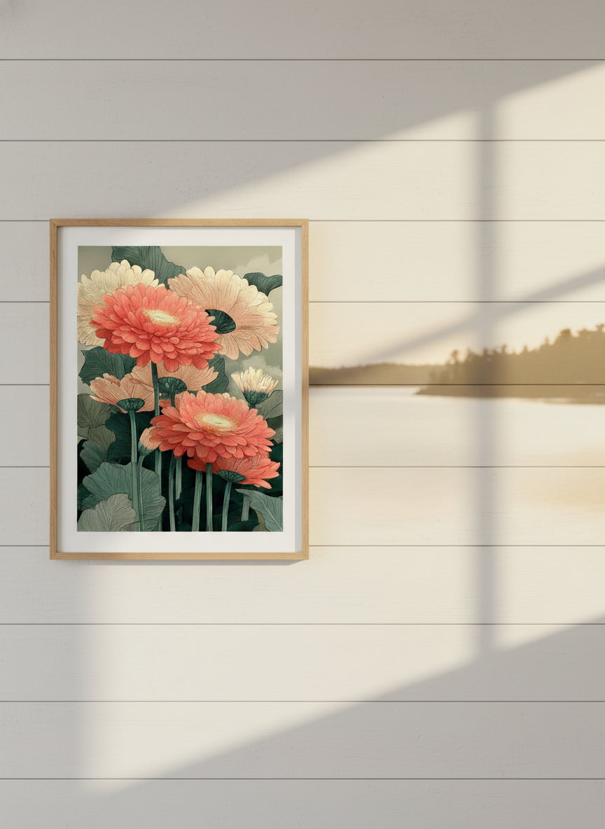Botanical Gerbera Daisy Art art print shown in a shiplap blurred view setting