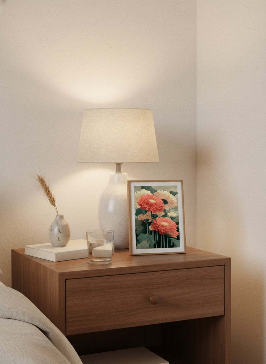 Botanical Gerbera Daisy Art art print shown in a small bedside oak setting