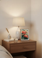Botanical Gerbera Daisy Art art print shown in a small bedside oak setting