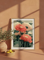 Botanical Gerbera Daisy Art art print shown in a terracotta rustic setting