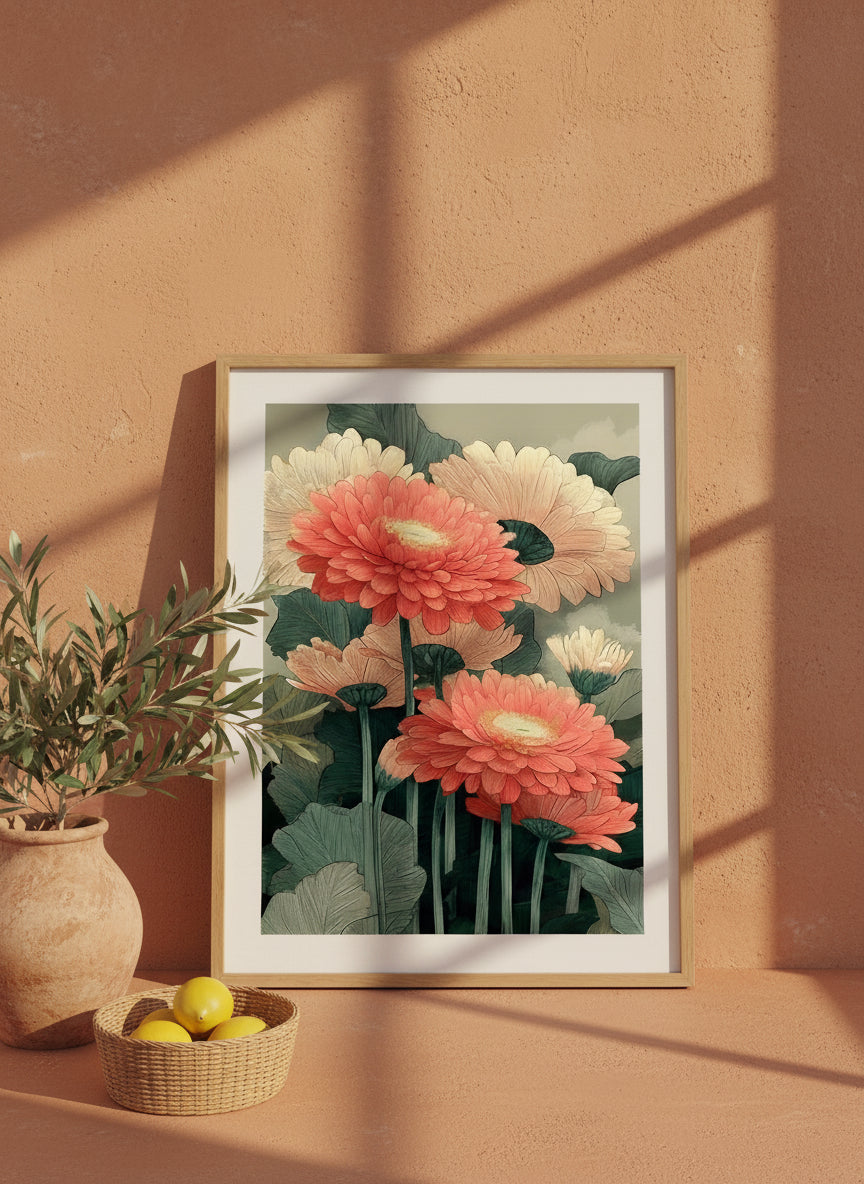 Botanical Gerbera Daisy Art art print shown in a terracotta rustic setting