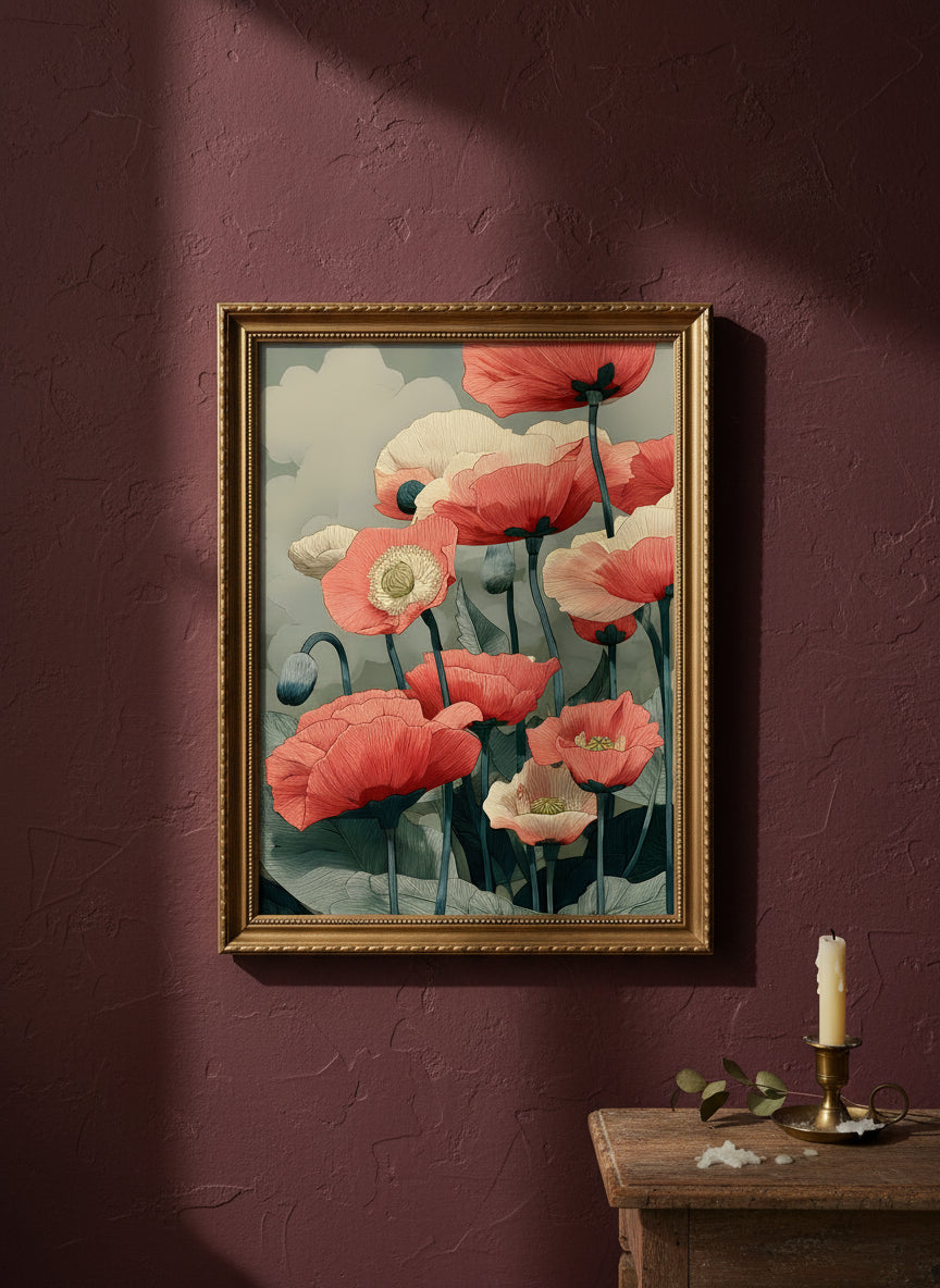 Red Poppy Botanical Wall Art art print shown in a burgundy brass setting