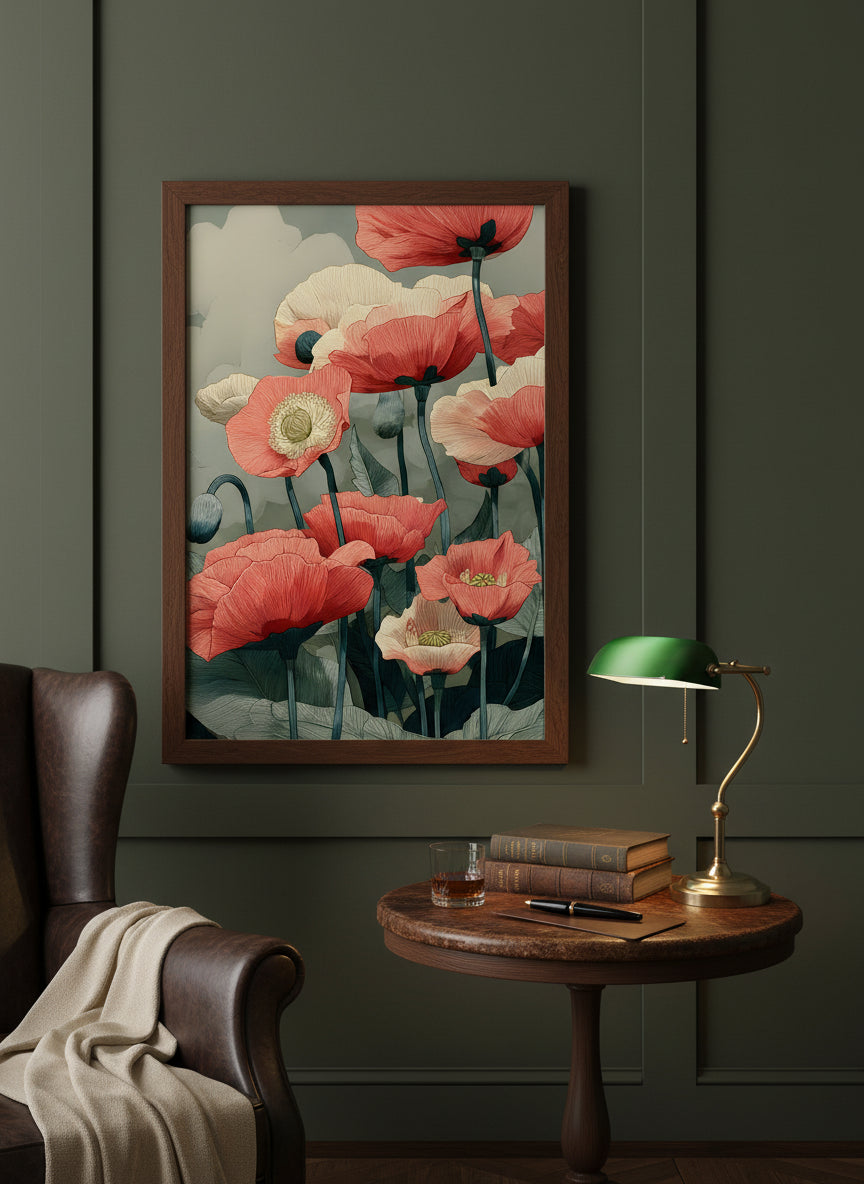 Red Poppy Botanical Wall Art art print shown in a dark olive study setting