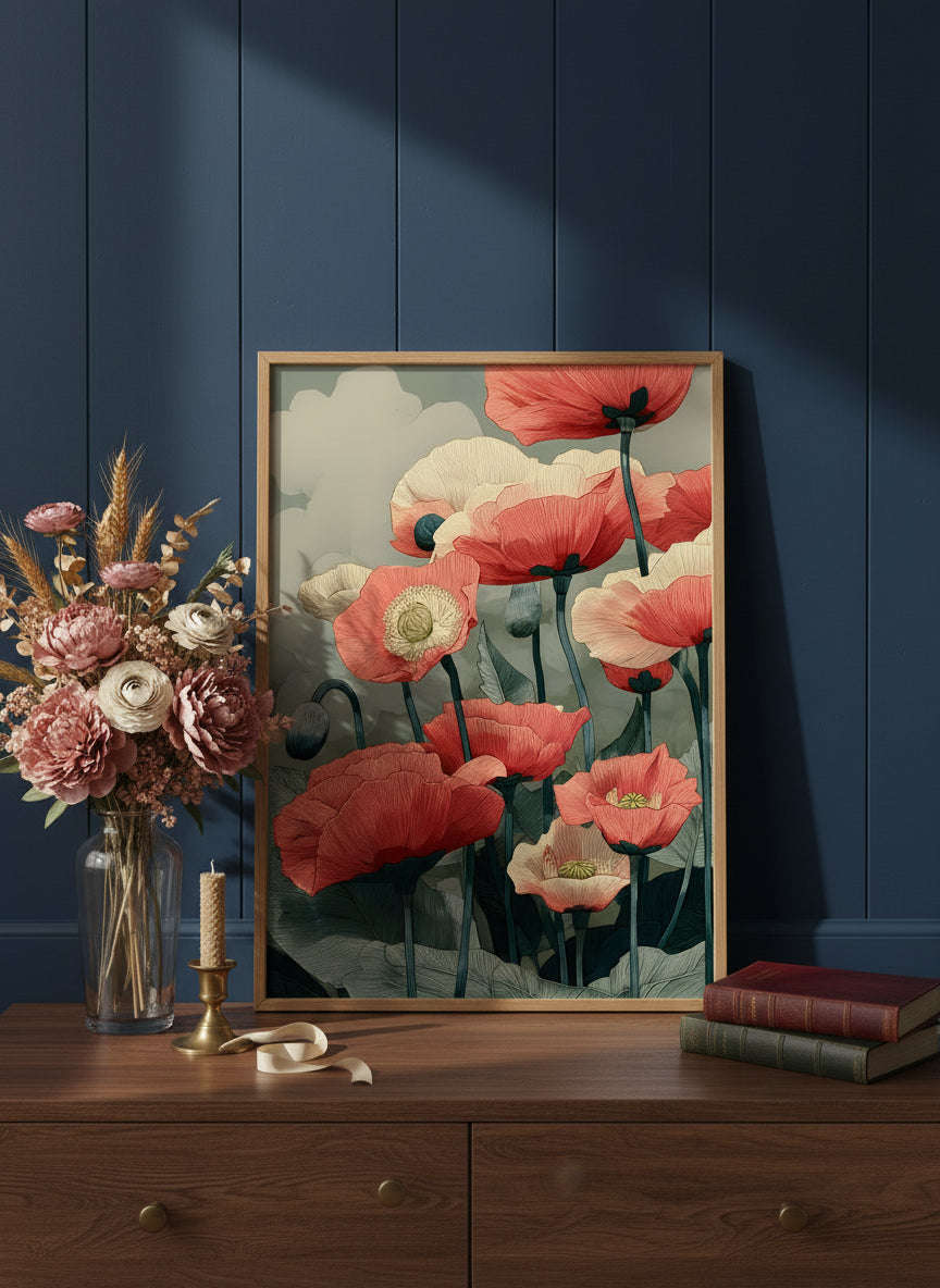 Red Poppy Botanical Wall Art art print shown in a dresser dried florals setting