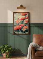 Red Poppy Botanical Wall Art art print shown in a forest green walnut setting