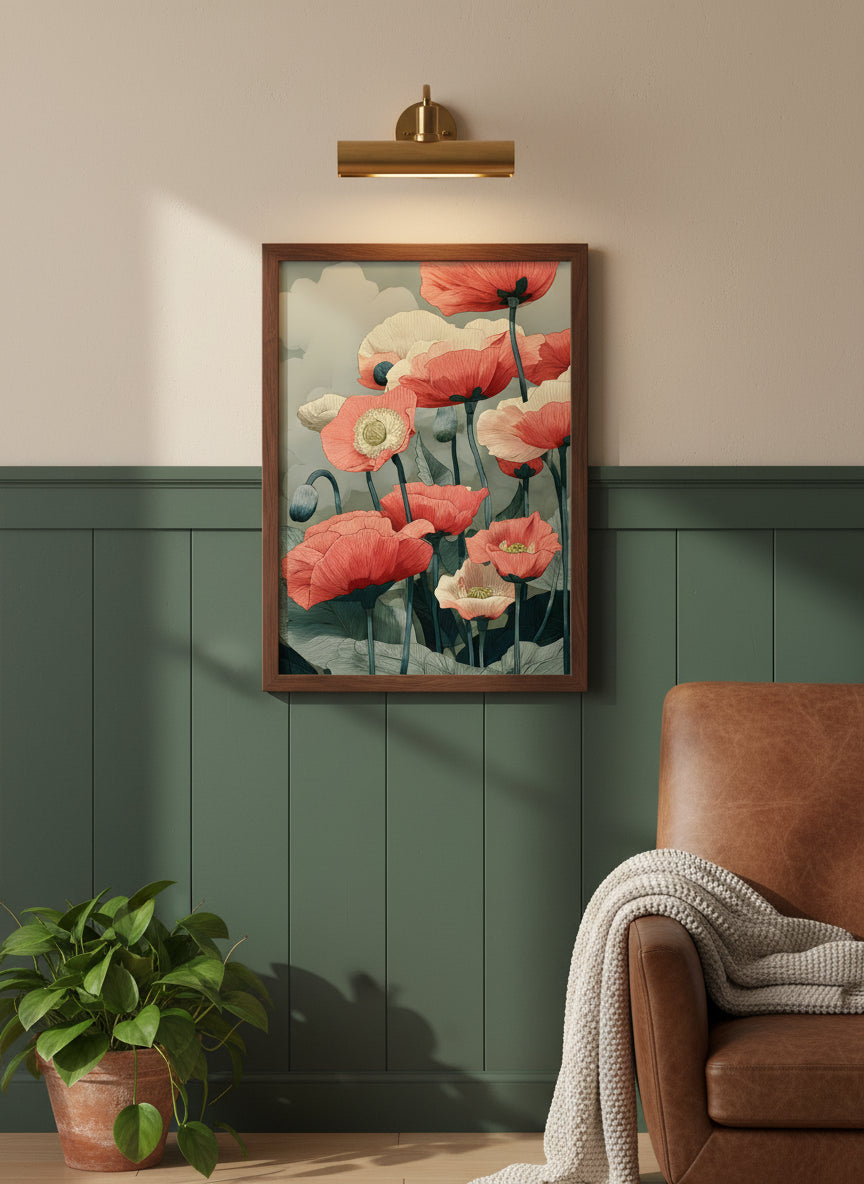 Red Poppy Botanical Wall Art art print shown in a forest green walnut setting