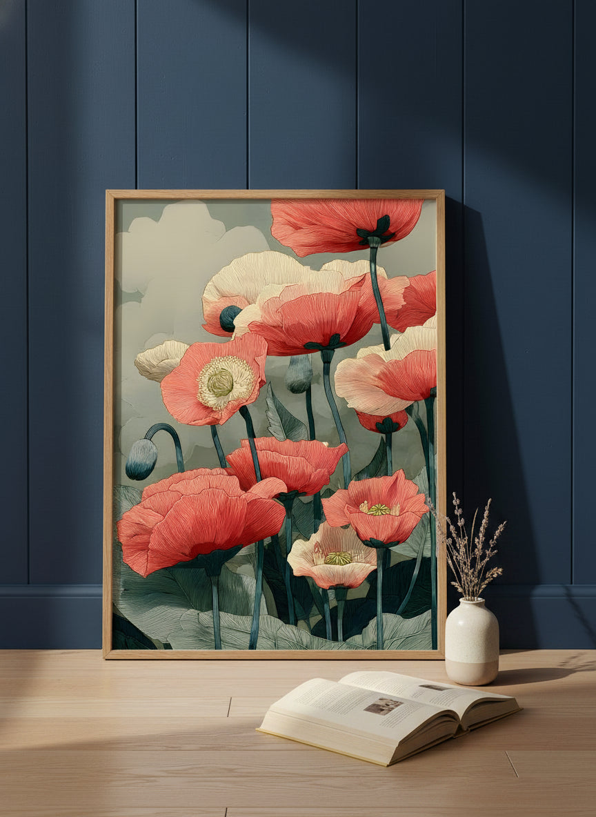Red Poppy Botanical Wall Art art print shown in a navy paneled oak setting