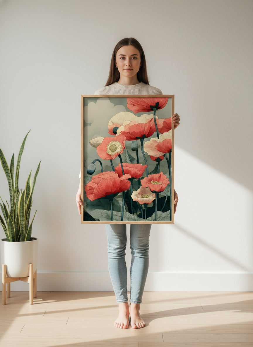 Red Poppy Botanical Wall Art art print shown in a person holding bright setting