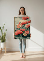 Red Poppy Botanical Wall Art art print shown in a person holding bright setting