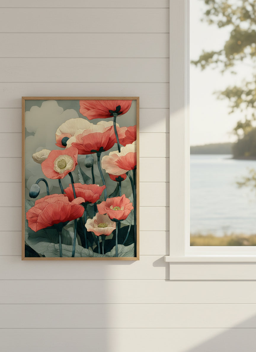 Red Poppy Botanical Wall Art art print shown in a shiplap blurred view setting