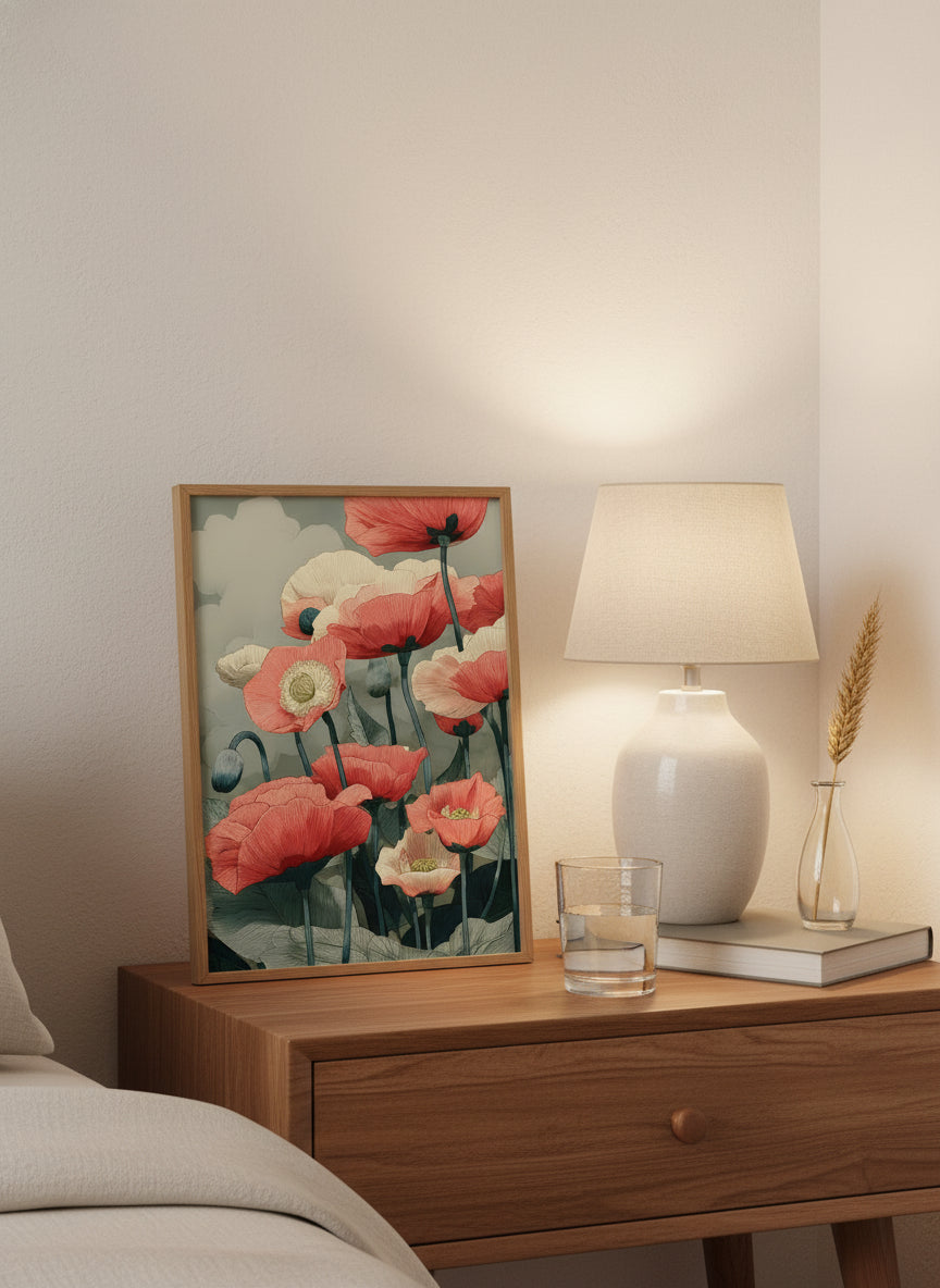 Red Poppy Botanical Wall Art art print shown in a small bedside oak setting