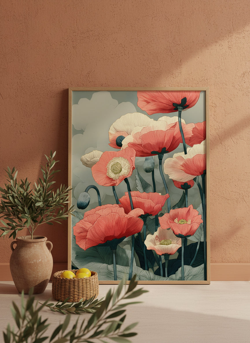 Red Poppy Botanical Wall Art art print shown in a terracotta rustic setting