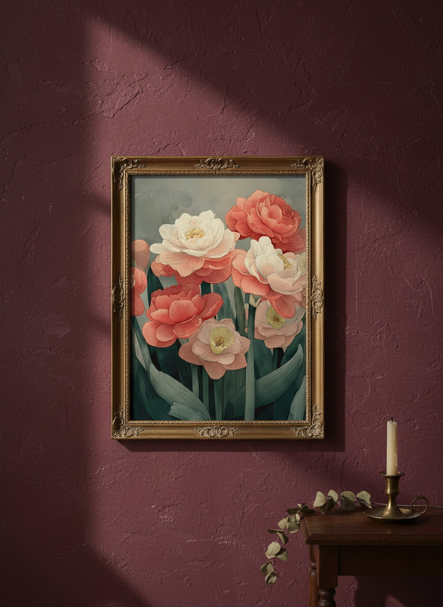 Botanical Peony Tulip Floral Art art print shown in a burgundy brass setting