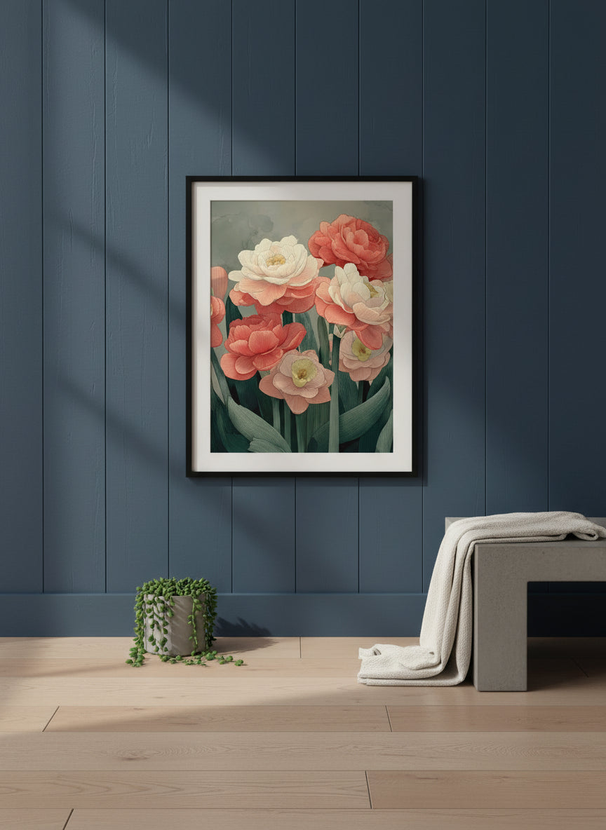 Botanical Peony Tulip Floral Art art print shown in a charcoal minimal black setting