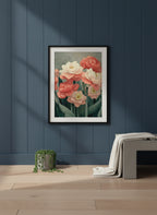 Botanical Peony Tulip Floral Art art print shown in a charcoal minimal black setting