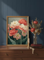 Botanical Peony Tulip Floral Art art print shown in a dresser dried florals setting