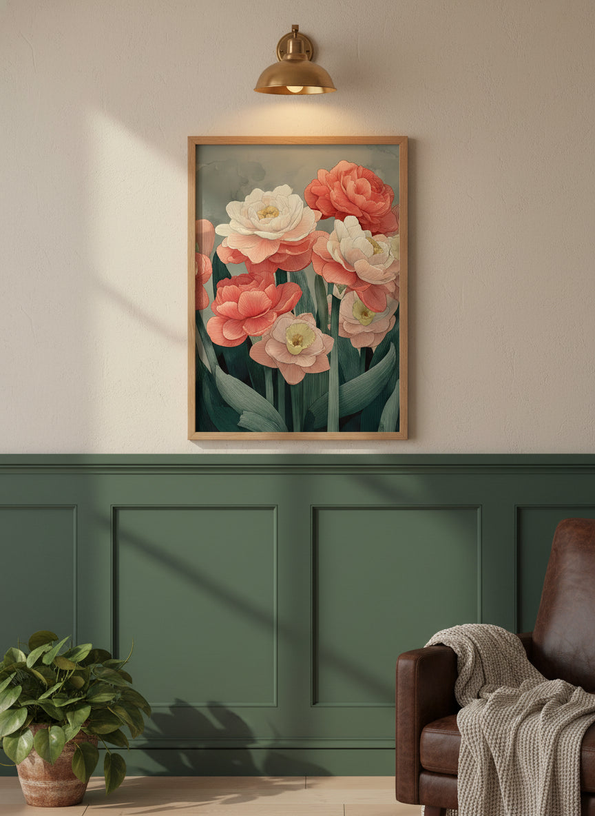 Botanical Peony Tulip Floral Art art print shown in a forest green walnut setting