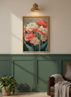 Botanical Peony Tulip Floral Art art print shown in a forest green walnut setting