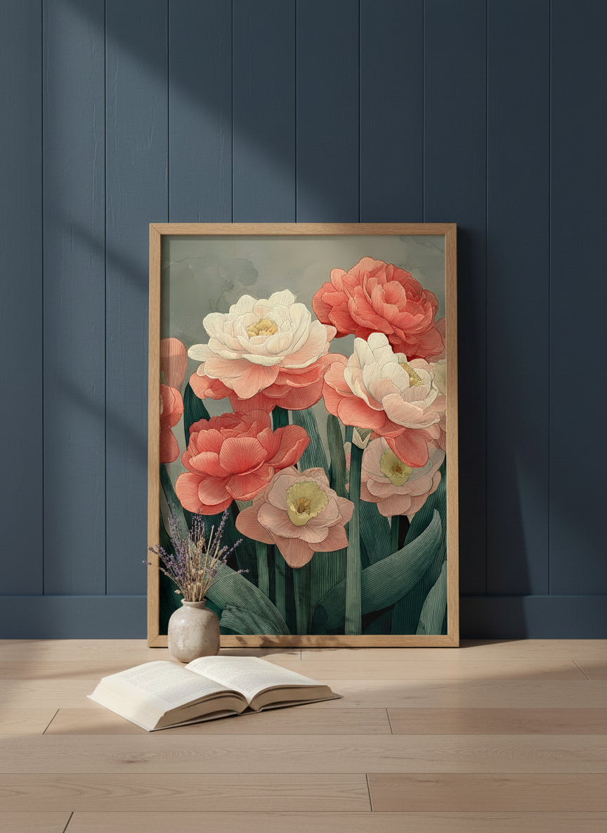Botanical Peony Tulip Floral Art art print shown in a navy paneled oak setting
