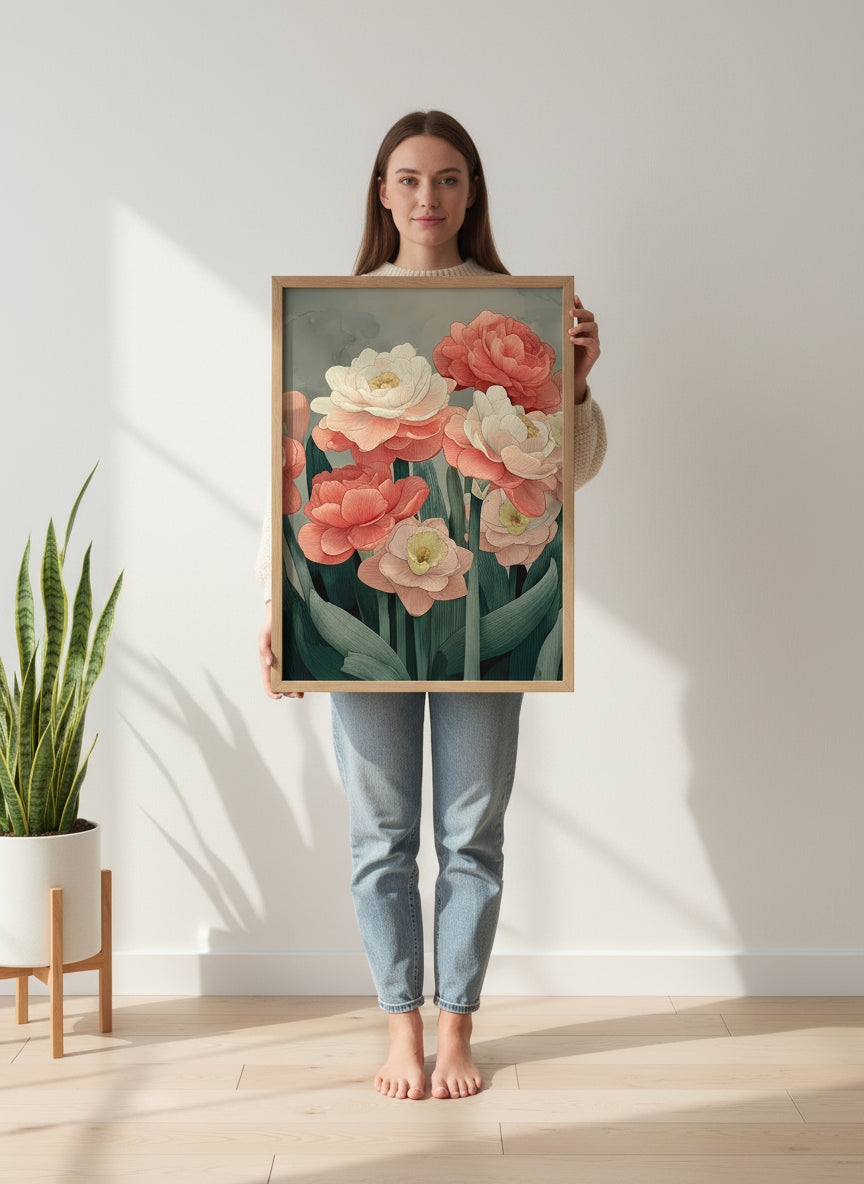 Botanical Peony Tulip Floral Art art print shown in a person holding bright setting