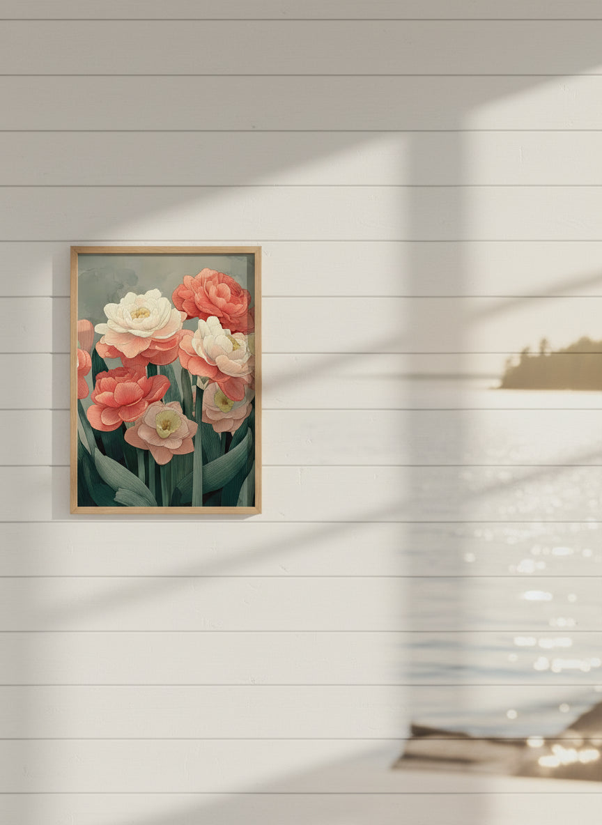 Botanical Peony Tulip Floral Art art print shown in a shiplap blurred view setting