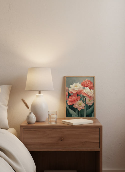 Botanical Peony Tulip Floral Art art print shown in a small bedside oak setting