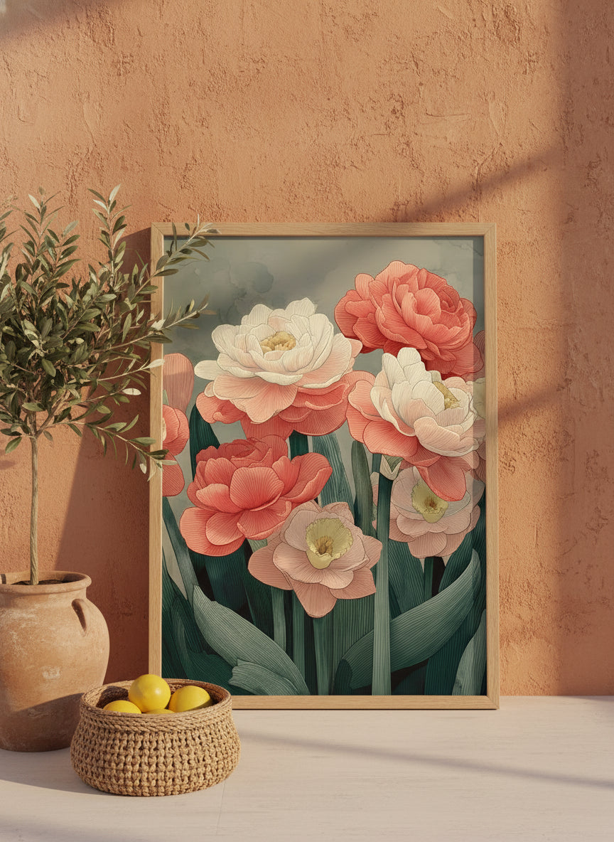 Botanical Peony Tulip Floral Art art print shown in a terracotta rustic setting