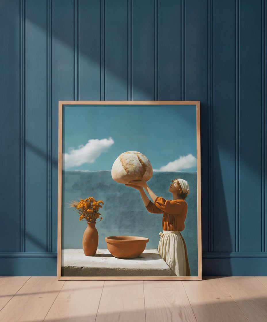 Surreal Mediterranean Bread Woman Art art print shown in a blue 1 setting