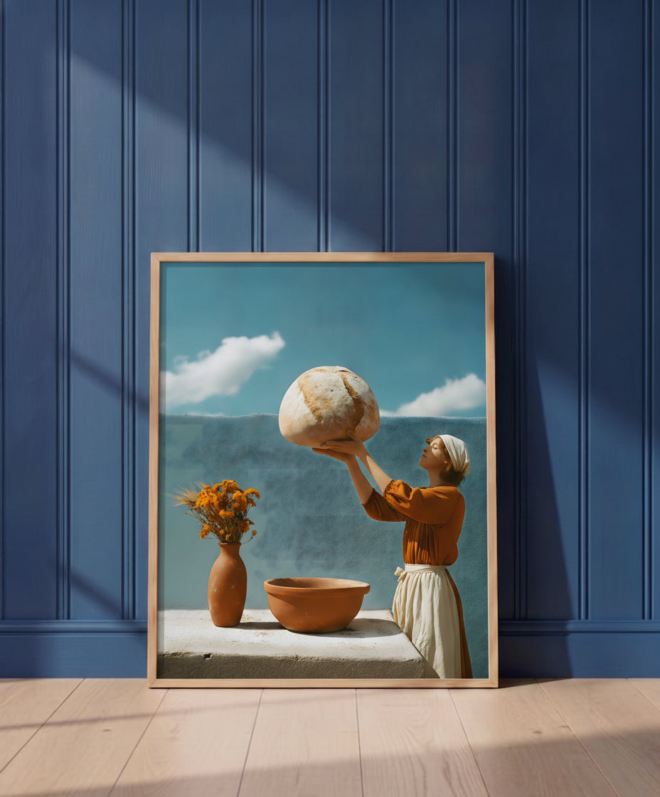 Surreal Mediterranean Bread Woman Art art print shown in a blue wall paneled setting