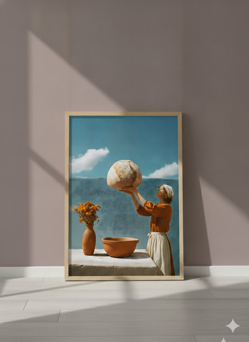 Surreal Mediterranean Bread Woman Art art print shown in a purple setting