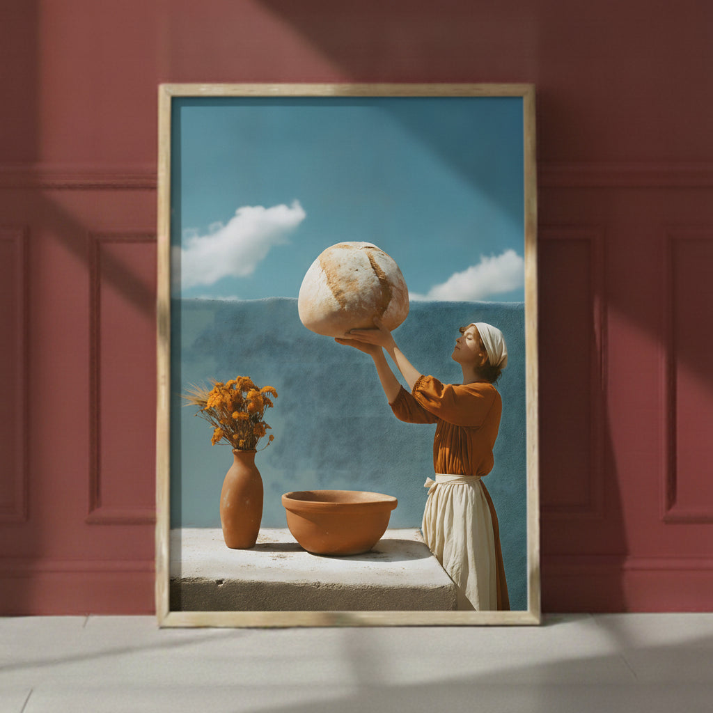 Surreal Mediterranean Bread Woman Art art print shown in a red setting
