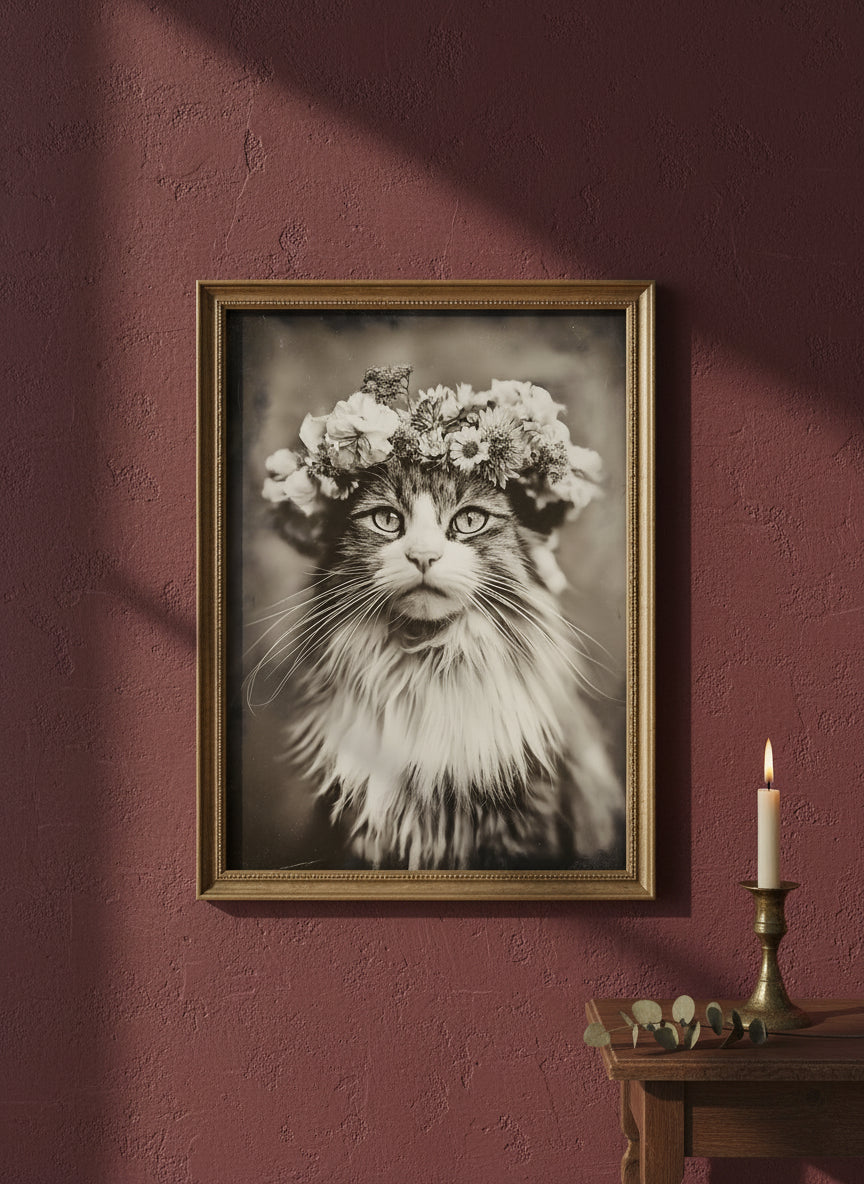 Vintage Cat Flower Crown Portrait art print shown in a burgundy brass setting