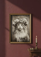 Vintage Cat Flower Crown Portrait art print shown in a burgundy brass setting