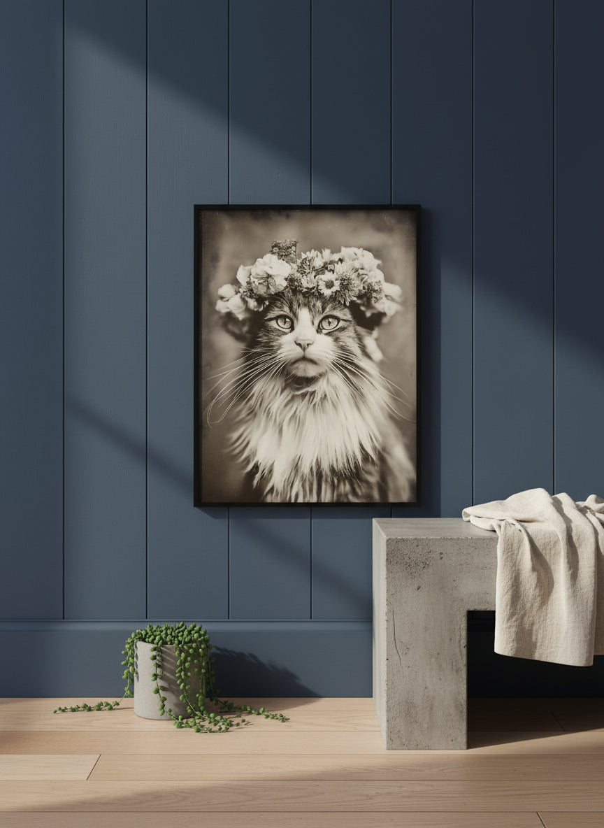 Vintage Cat Flower Crown Portrait art print shown in a charcoal minimal black setting