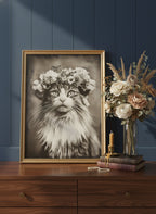 Vintage Cat Flower Crown Portrait art print shown in a dresser dried florals setting