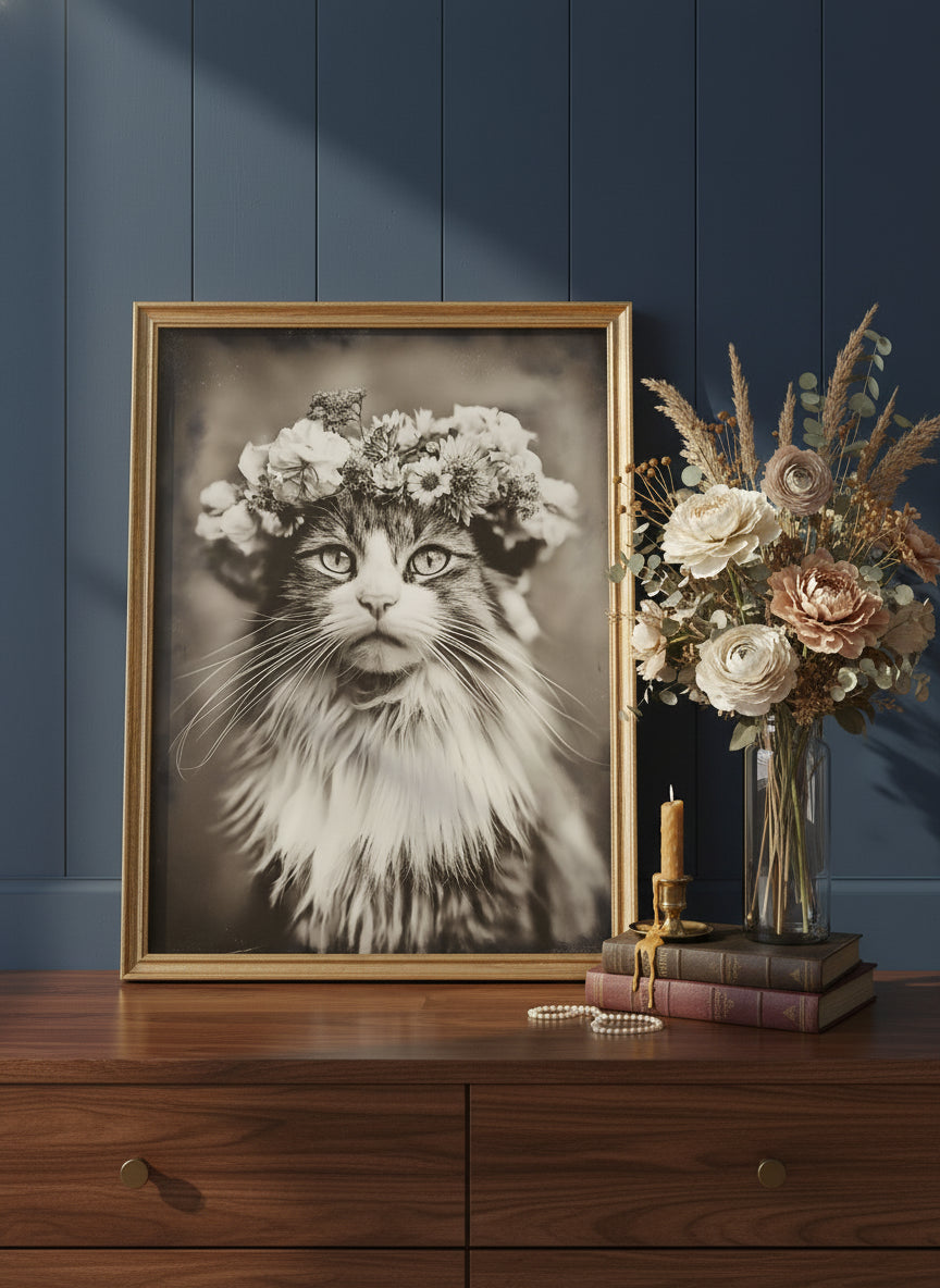 Vintage Cat Flower Crown Portrait art print shown in a dresser dried florals setting