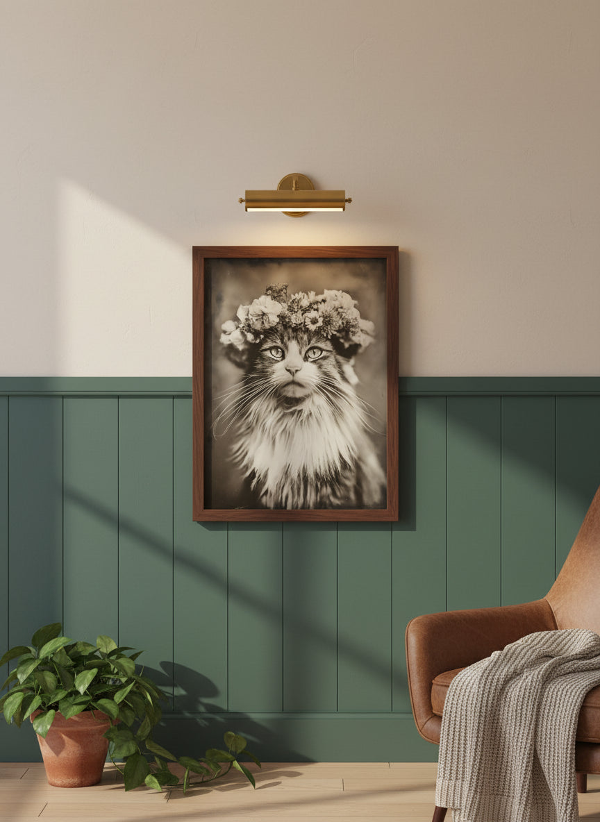 Vintage Cat Flower Crown Portrait art print shown in a forest green walnut setting