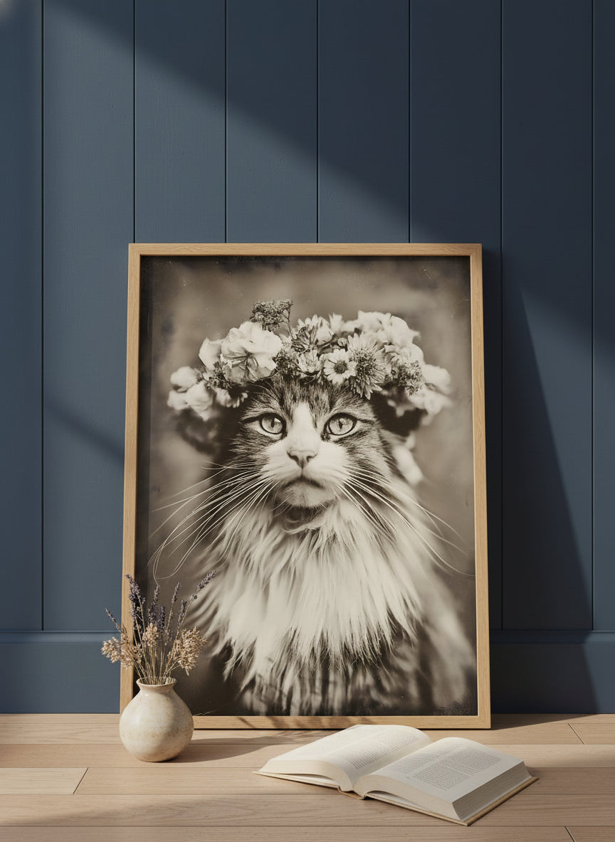 Vintage Cat Flower Crown Portrait art print shown in a navy paneled oak setting