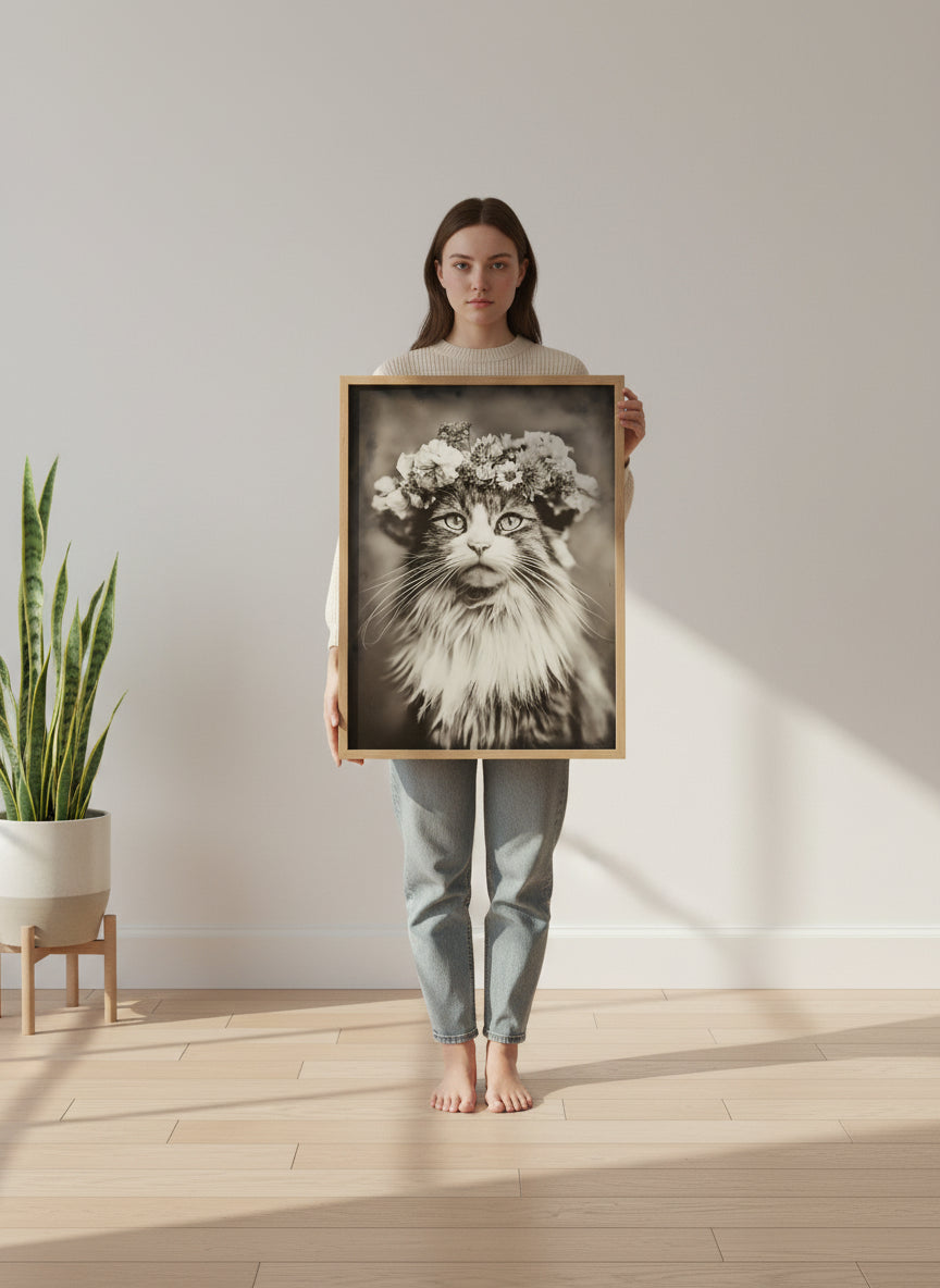 Vintage Cat Flower Crown Portrait art print shown in a person holding bright setting