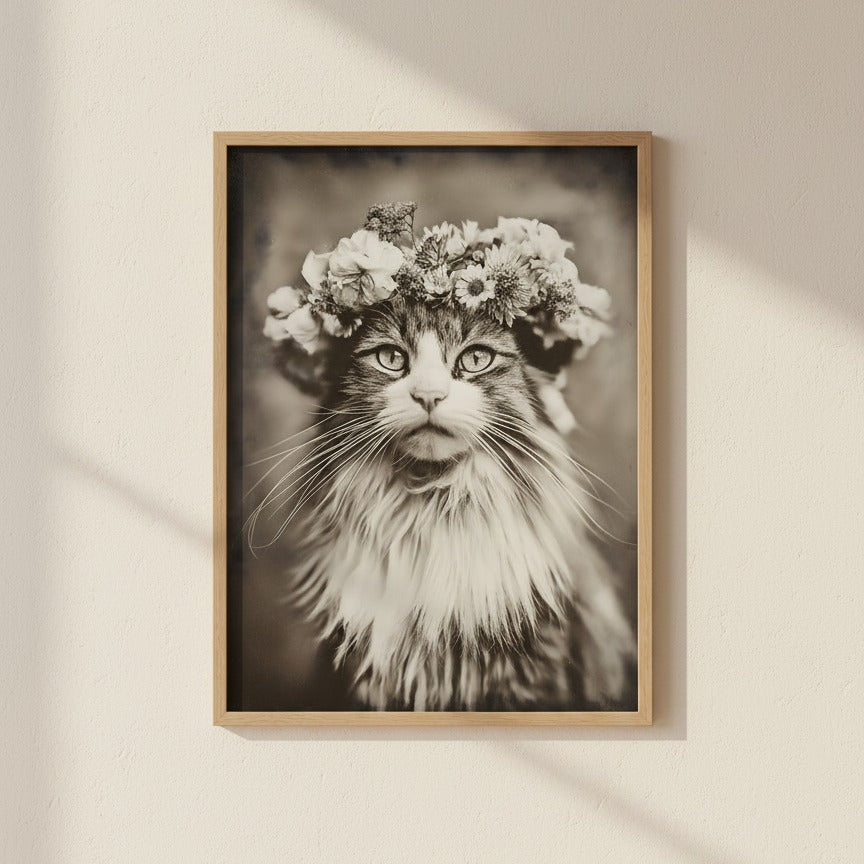 Vintage Cat Flower Crown Portrait art print