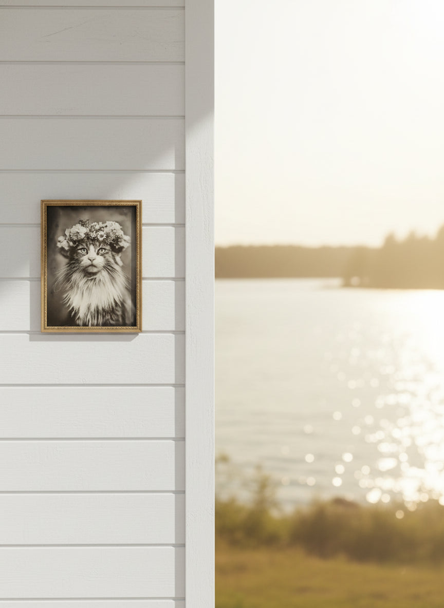 Vintage Cat Flower Crown Portrait art print shown in a shiplap blurred view setting
