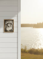 Vintage Cat Flower Crown Portrait art print shown in a shiplap blurred view setting