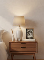 Vintage Cat Flower Crown Portrait art print shown in a small bedside oak setting