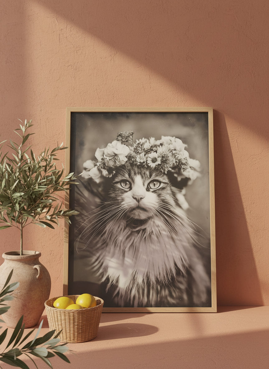 Vintage Cat Flower Crown Portrait art print shown in a terracotta rustic setting