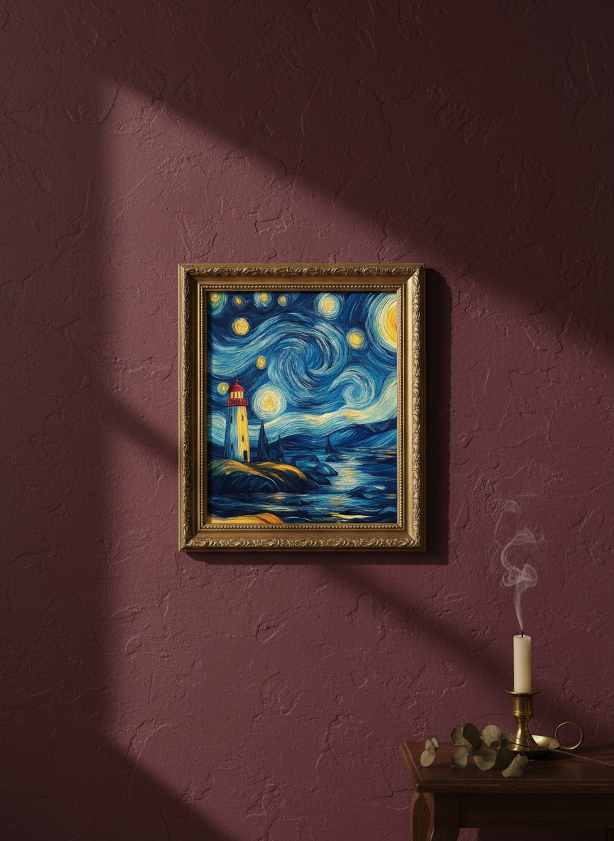 Van Gogh Style Lighthouse Night art print shown in a burgundy brass setting