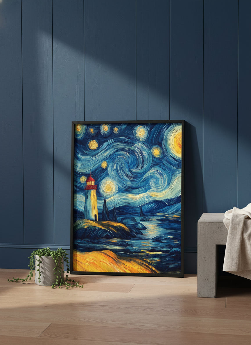 Van Gogh Style Lighthouse Night art print shown in a charcoal minimal black setting