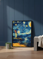 Van Gogh Style Lighthouse Night art print shown in a charcoal minimal black setting