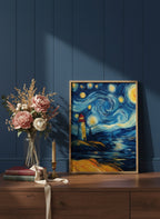 Van Gogh Style Lighthouse Night art print shown in a dresser dried florals setting